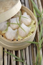 Close up of dim sum dumplings in bamboo basket