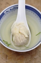 Close up of dumpling on spoon in won ton soup
