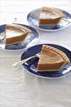 Slices of pumpkin pies on plates
