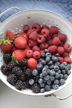 Various fresh berries in colander