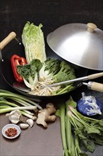 Wok and fresh vegetables and seasoning