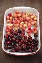Rainier and bing cherries in pan