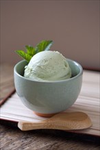 Close up of bowl of green tea ice cream