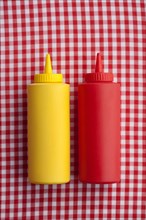 Close up of ketchup and mustard bottles