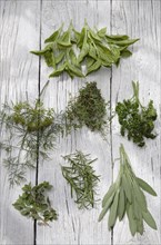 Herbs on wooden table