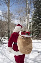 Santa Claus carrying Christmas gifts in snowy woods