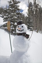 Snowman in rural forest