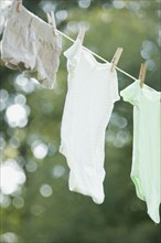 Close up of laundry hanging on clothes line