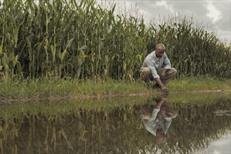 African American farmer squatting near water and crops