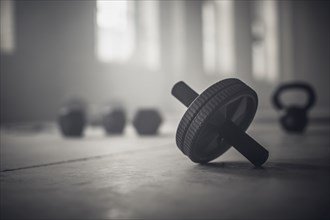Close up of barbell weights on floor of dark gym