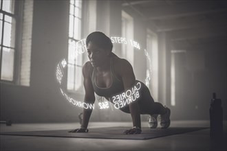 Virtual words circling Black athlete doing push-ups