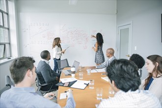 Businesswoman writing on whiteboard in meeting