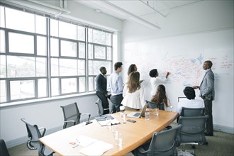 Businesswoman writing on whiteboard in meeting