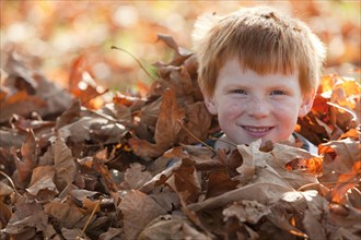 Caucasian boy hiding in autumn leaves