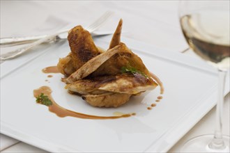 Roast chicken on plate with demi-glaze
