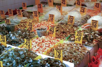 Fresh seafood on ice at market