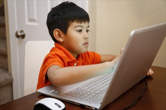 Native American boy sitting at table using laptop