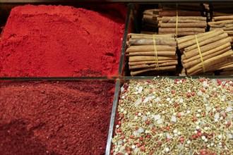 Spices in bins at market