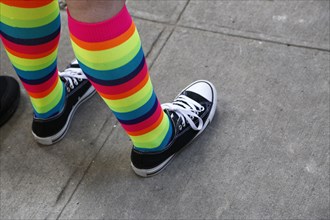 Person wearing rainbow socks