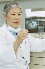 Senior Asian female dentist looking at x-rays