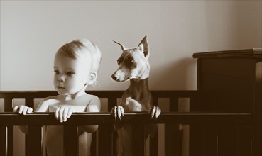 Caucasian boy standing in crib with puppy