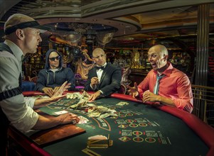 Multiple exposure of gamblers playing poker in casino