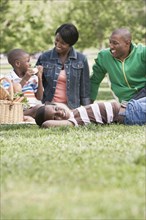 African American family having picnic in park