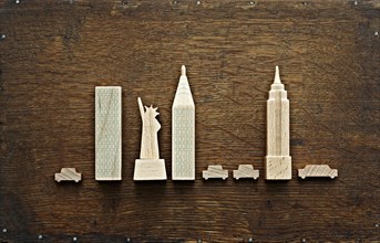 New York city landmarks carved out of wood