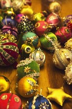 Close up of colorful vintage Christmas ornaments