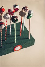 Close up of decorated Christmas candy lollipops