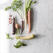 Variety of carrots on white wooden table