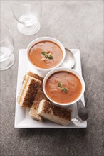 Sliced grilled cheese sandwich and tomato soup