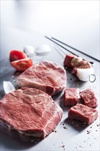 Raw sirloin tip steak cubes for skewer