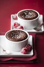 Chocolate souffle and raspberries