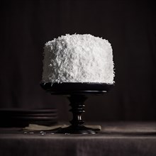 White coconut cake on black tray