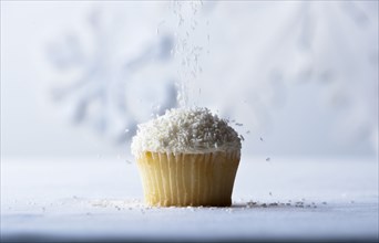 White sprinkles falling on vanilla cupcake