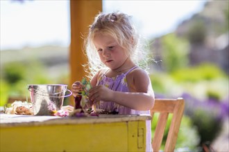 Caucasian girl playing with dolls at table