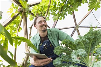 Caucasian gardener using digital tablet in greenhouse