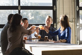 Friends toasting with beer in brew pub