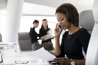 Businesswoman reading paperwork talking on cell phone