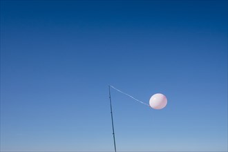 Balloon tied to pole in blue sky