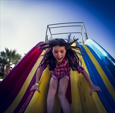Caucasian girl playing on slide