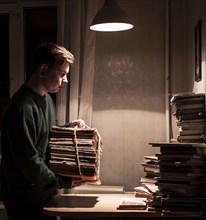 Caucasian man holding stack of books