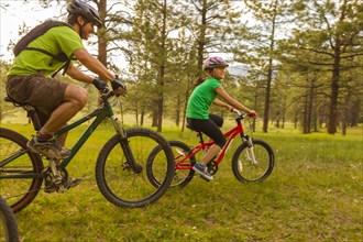 Family riding mountain bikes in meadow