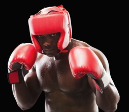 African American boxer in protective gear
