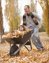 Caucasian father pushing daughter and autumn leaves in wheelbarrow