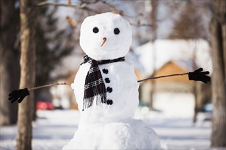 Snowman wearing scarf outdoors