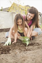 Caucasian mother and daughter planting in backyard