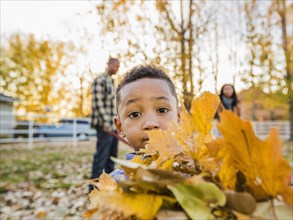 Black boy holding bundle of autumn leaves