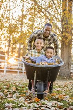 Father pushing sons in wheelbarrow in autumn leaves
